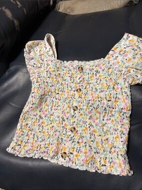 Mudd White Floral Smocked Button Crop Top with Puff Sleeves